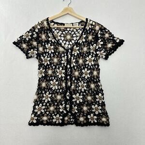 Vintage Floral Crochet Button Up Top Womens L Black White Dark Cottage Flowers